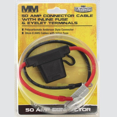 ANDERSON CONNECTOR CABLE WITH INLINE FUSE & EYELET TERMNALS 50AMP